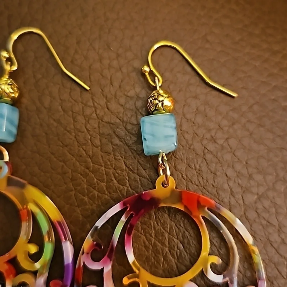 Handmade Colorful Rainbow Mod Swirl Glass Beaded Earrings